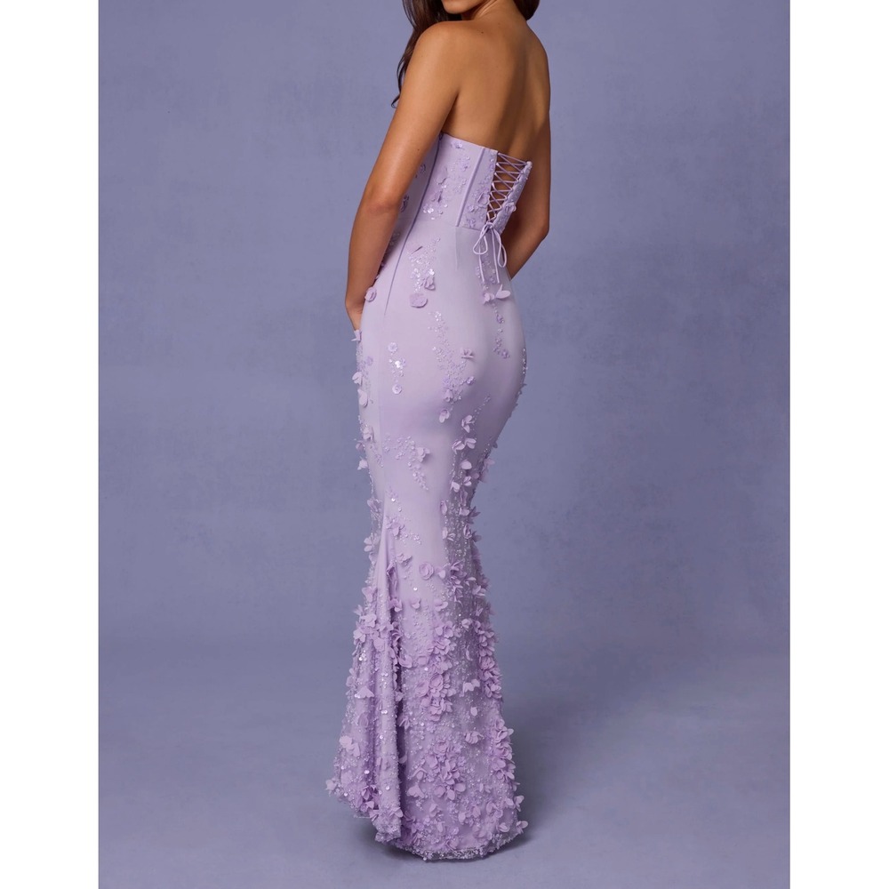 Oh Polly Lilac Strapless Floral Appliqué Maxi Dress